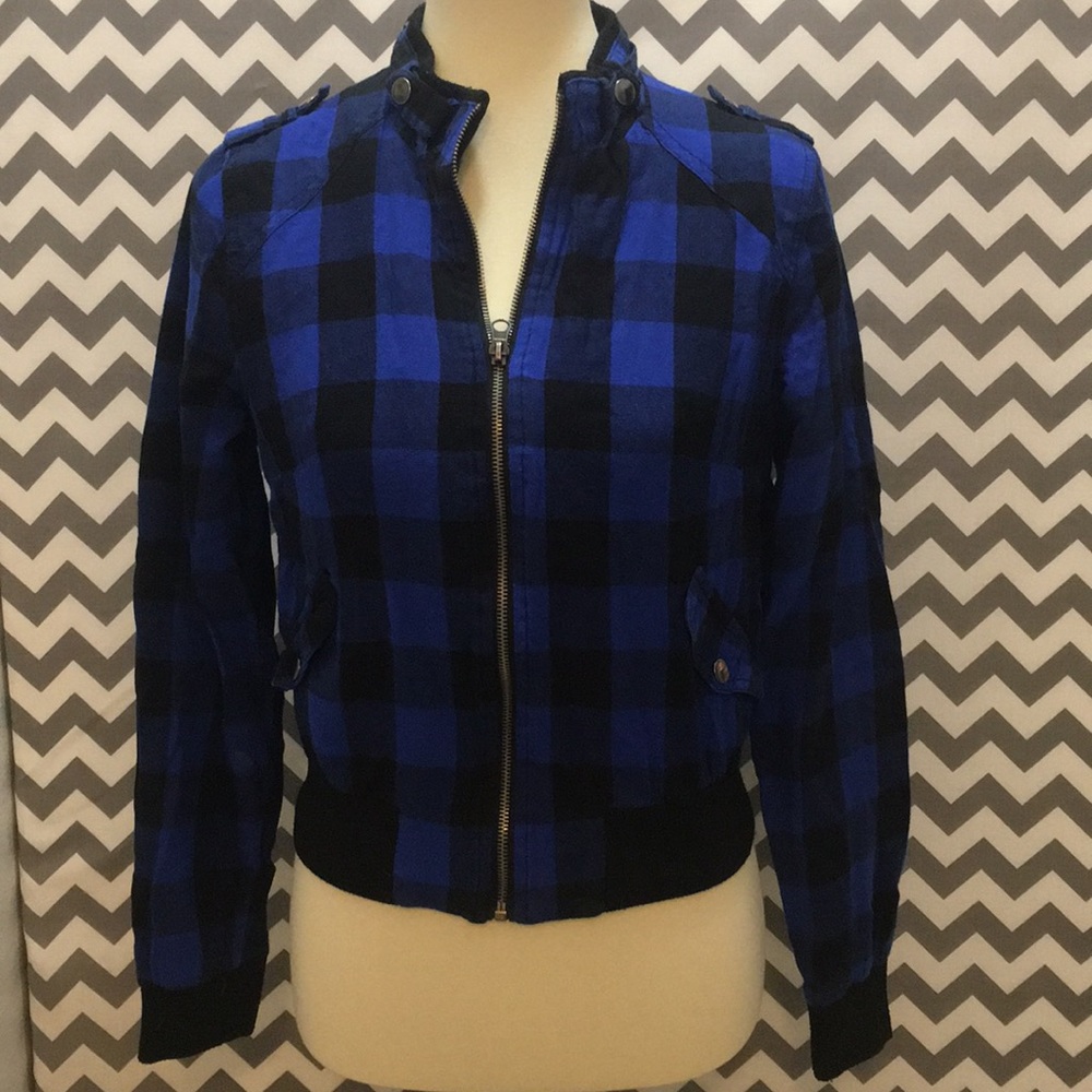 Blue and Black Plaid Women's Bomber Jacket